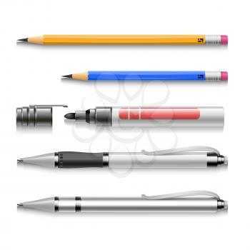 Pens, pencils, markers, realistic vector set of writing tools. School supplies illustration