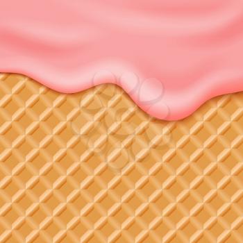 Flowing pink glaze on wafer background. Sweet waffle with flowing cream. Vector illustration