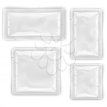White empty foil, plastic packaging for cosmetics and food vector templates, design mockups sealed package for wipes or condom illustration