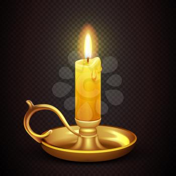 Realistic burning romantic candle isolated on transparent plaid background vector illustration. Antique brass candelabra with wax candle