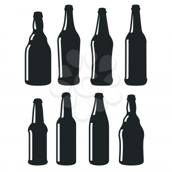 Beer bottles different shapes black vector icons. Silhouette of bottle collection design illustration