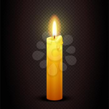 Vector candle with flame on transparent checkered dark background, candlelight christmas and birthday card template. Christian symbolic illustration