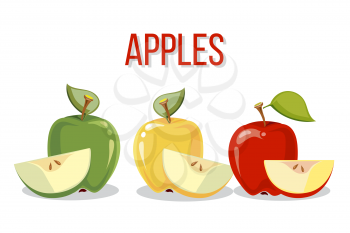 Three apples with slices isolated o white background. Vector illustration