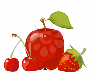 Heap of red fruits apple cherry and strawberry isolated over white. Vector illustration