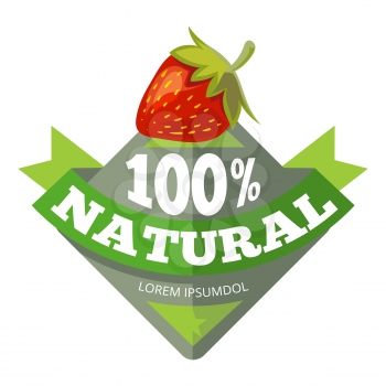 Organic natural fruits logo, label, badge with red strawberry. Vector illustration