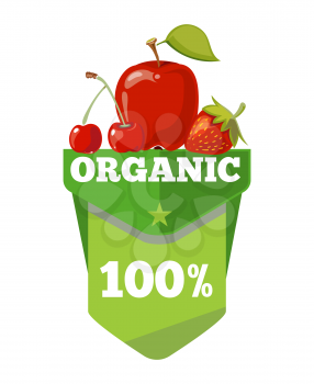 Natural organic fruits logo, label, badge template with red cherry. Vector illustration