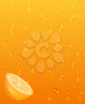 Orange juice background with realistic drops. Natural fresh juice, vector illustration