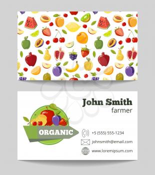 Organic fruits farmer business card template. Fruit farm company. Vector illustration