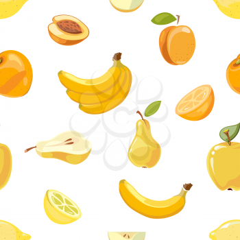 Yellow fruits seamless pattern over white background. Banana pear and orange. Vector illustration