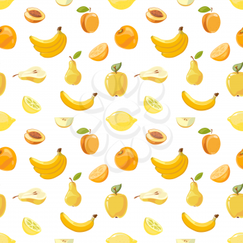 Yellow fruits seamless pattern over white background. Apricot pear and lemon, Vector illustration