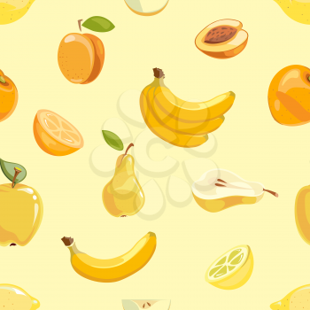 Yellow fruits seamless pattern over white background. Banana pear and apricot. Vector illustration