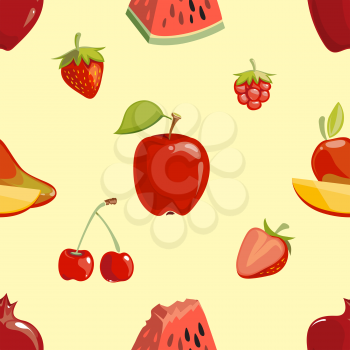 Red fruits seamless pattern over white background. Apple cherry and strawberry. Vector illustration