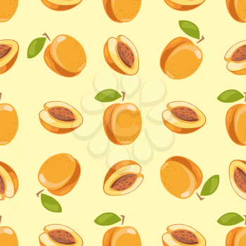 Vector peach seamless pattern yellow background. Sweet ripe fruit illustration