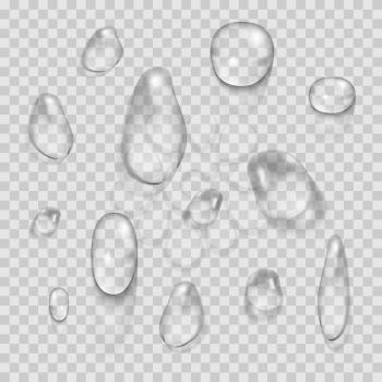 Transparent water drops vector set isolated on plaid background. Clean natural droplet illustration
