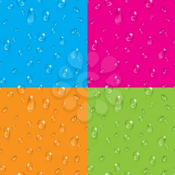 Set of transparent water drops on colored backdrop vector seamless backgrounds illustration