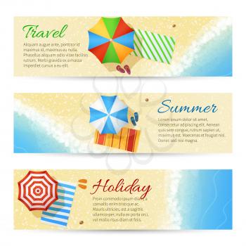 Summer travel vector banners with sea beach. Umbrella with flip flops on sand illustration
