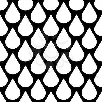 Vector falling water drops seamless background in black and white. Pattern monochrome rain illustration