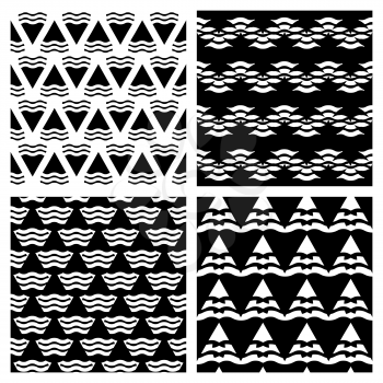 Set of vector abstract geometric seamless backgrounds in black color. Collection of monochrome pattern illustration