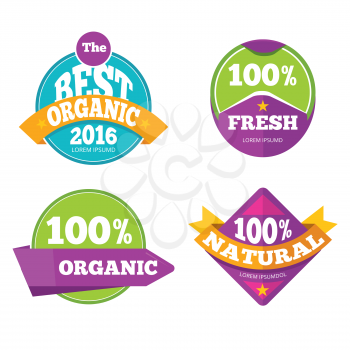 Colorful organic fresh natural labels set. Warranty and quality badges. Vector illustration