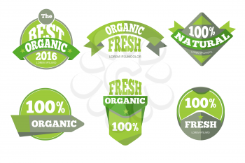 Green organic natural labels set. Element badge banner, vector illustration