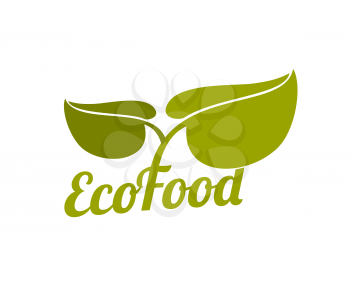 Green eco food logo with leaves. Organic label natural, vector illustration