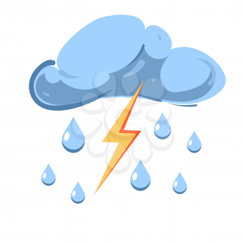 Vector cloud with falling rain and striking lightning isolated on white background. Stormy and thunderstorm illustration