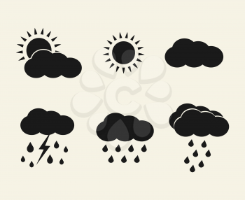 Vector weather icons set. Sun, clouds, rain and lightning black silhouette illustration