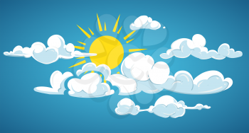 Blue sky, sun and white clouds. Weather cloudscape with sunlight, vector illustration
