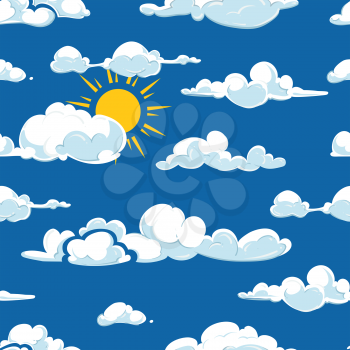 Vector clouds weather seamless pattern. Background blue sky with sun illustration