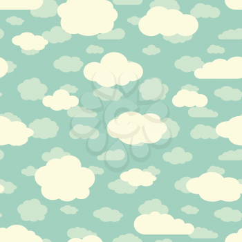 Blue sky and cute white clouds seamless pattern in retro colors. Vector illustration