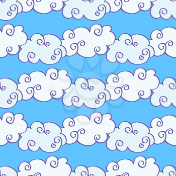 Vector hand drawn clouds over the blue sky seamless pattern. Caricature cumulus clouds illustration