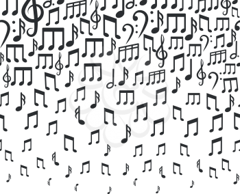 Music vector background with falling musical notes. Rhythm tempo and bass sound illustration