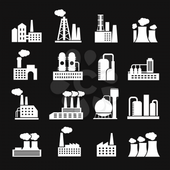 Industry manufactory buildings factory and plant silhouettes vector icons. Industry manufacturing and power factory illustration
