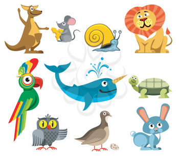 Cute animals vector set in cartoon style. Turtle and snail, kangaroos and parrot illustration