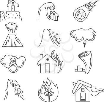 Natural disaster icons. Earthquake and tornado, hurricane and tsunami, vector illustration