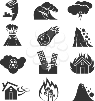 Fire and tsunami, snow storm and tornado, hurricane and earthquake disaster vector icons. Volcano and meteorite, rockfal and poisonous cloud illustration