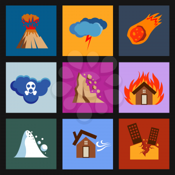 Flat disaster, damage vector icons. Volcano and meteorite, poisonous cloud and rockfall illustration