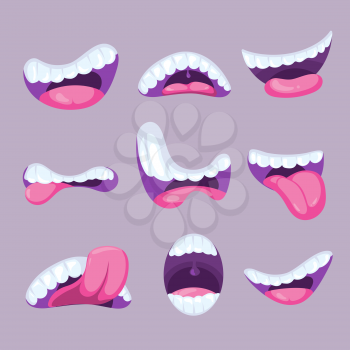 Cartoon mouths expressions vector illustration. Set of funny mouths with white teeth