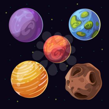 Cartoon alien planets, moons asteroid on space background. Celestial bodies and colored planet. Vector illustration