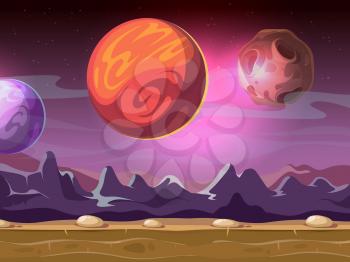 Cartoon alien fantastic landscape with moons and planets on starry sky for computer game background. Fiction gui with mountain illustration