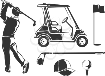 Vector vintage golf elements for labels, emblems, badges and logos. Player and accessories for games illustration