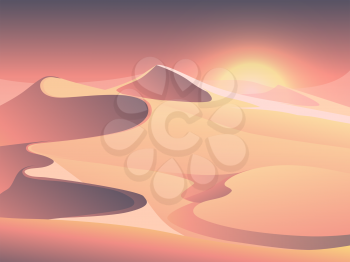 Desert sunset vector landscape with sand dunes. Sunrise in sandy valley illustration