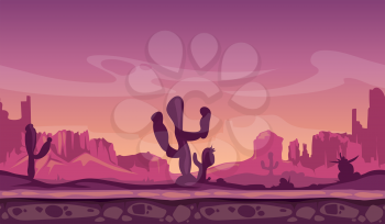 Desert wild cartoon landscape in sunset with cactus, hills and mountains. Seamless background for interface computer game. Vector illustration