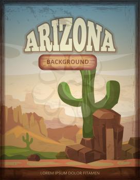 Arizona travel retro vector poster. Banner with green cactus illustration