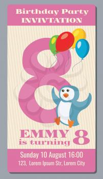 Birthday party invitation pass vector ticket with funny penguin for kids 8 years old. Birthday event with character penguin illustration