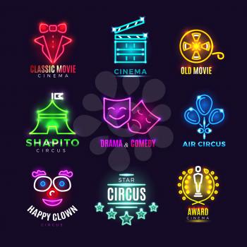 Neon circus, cinema, movie vector vintage labels. Entertainment film and award cinema illustration