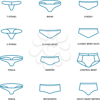 Female underwear, panties, bikini different types in thin line vector style. Lingerie fashion, cloth sexy set illustration