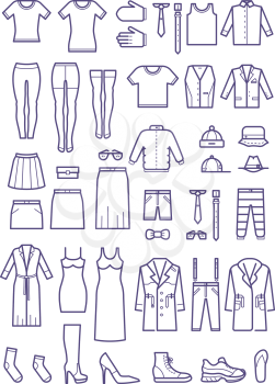 Female and male casual clothes, garment outline vector icons. Fashion shirt and dress, coat and jacket illustration