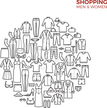 Fashion and shopping concept with clothes thin line vector icons. Skirt and dress, shoes and bag illustration