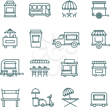 Street food retail, food truck line vector icons. Facade mobile cafe and restaurant illustration